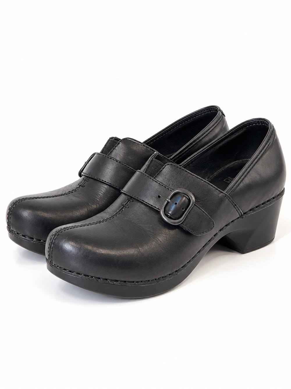 Dansko Tamara Black Leather Buckle Clogs Chunky Heel EU 37